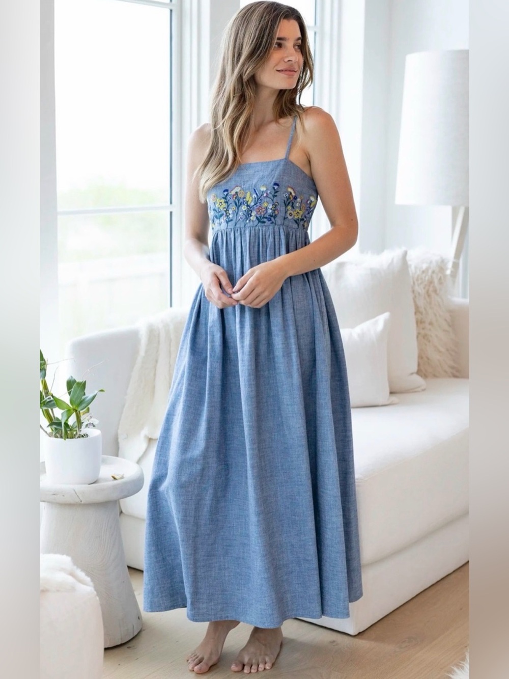 Natural Life Maxi Dress Embroidered Bailey Dress Chambray Size XL